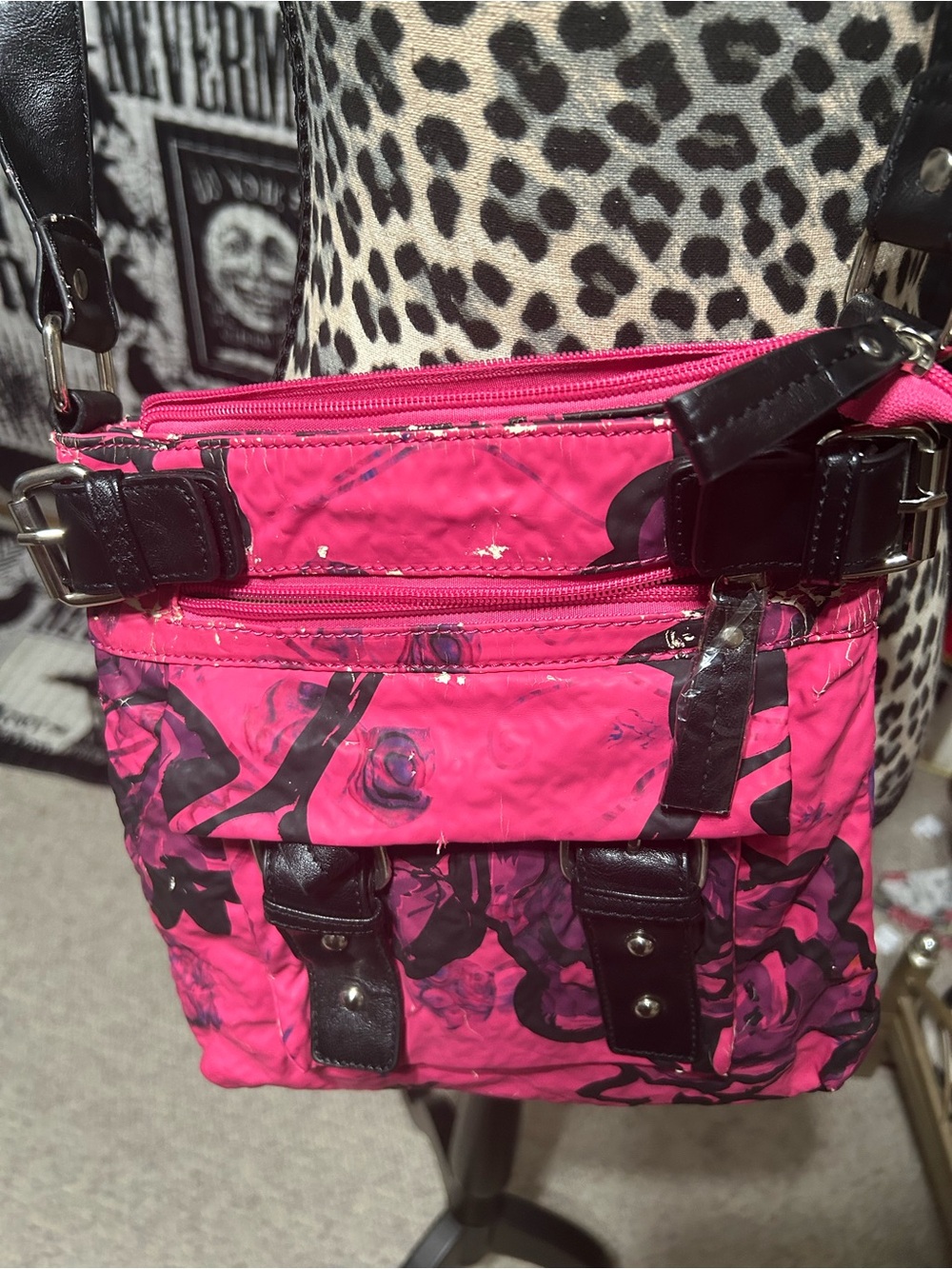 Women's Pink Crossbody Bag with Black Accents